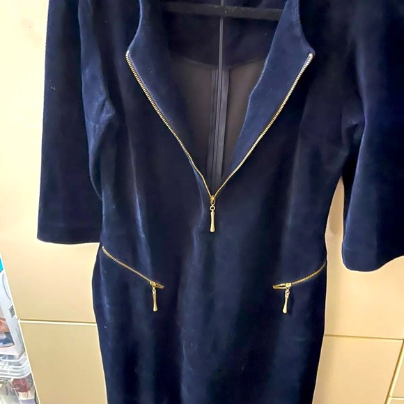Velvet Velour Woman’s Dress Size S/M Dark Blue Zippers Size 40 - Picture 5 of 8